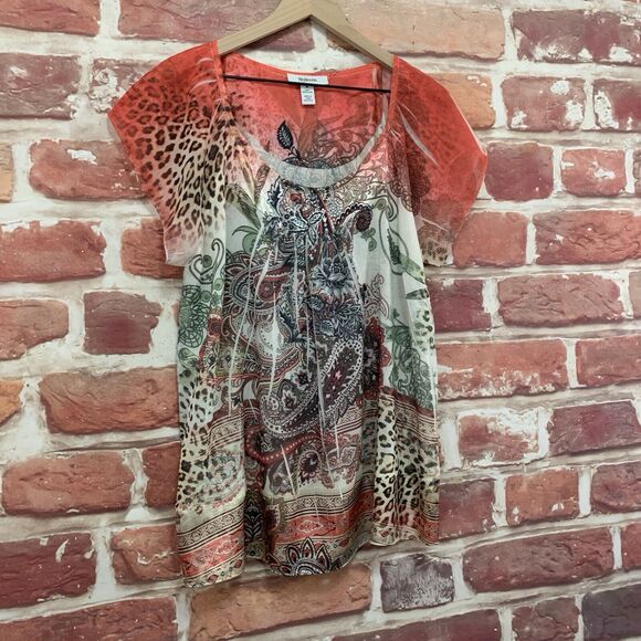 Style & Co Top Shirt Women's Medium Multicolor Boho Floral Abstract Popover - Picture 2 of 8